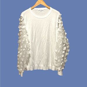 Sioni Milano White Sweater with 3D Floral Mesh Sleeves - 1X